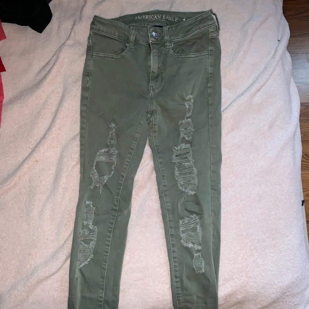 american eagle high waisted green ripped jeans
